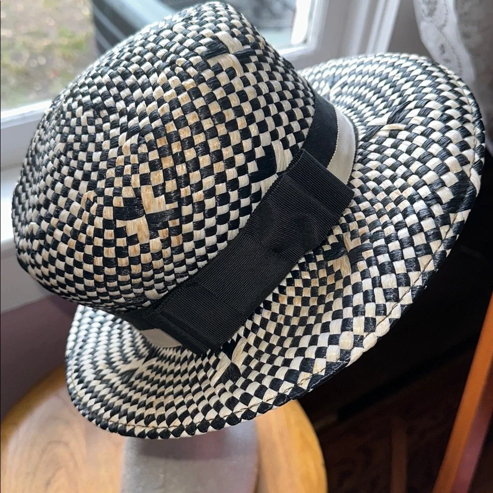 Vintage 60s Mod Look Sears Black & White Woven Hat with Ribbon Bow